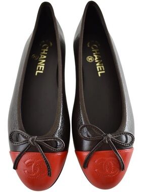 Chanel 26S Dark Brown Red Leather CC Logo Cap Classic Ballet Ballerina Flat 36